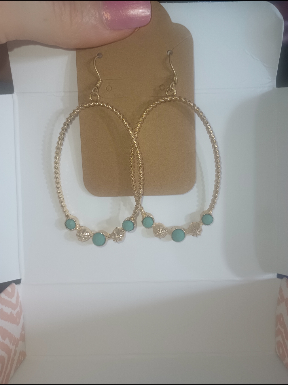 2/$10.     Gold Hoop Earrings with Turquoise Stones - Women Jewelry